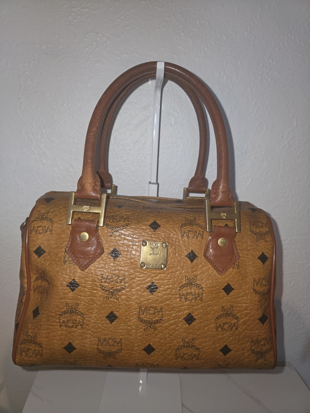 MCM Cognac Brown Visetos Logo Satchel with Gold Hardware
